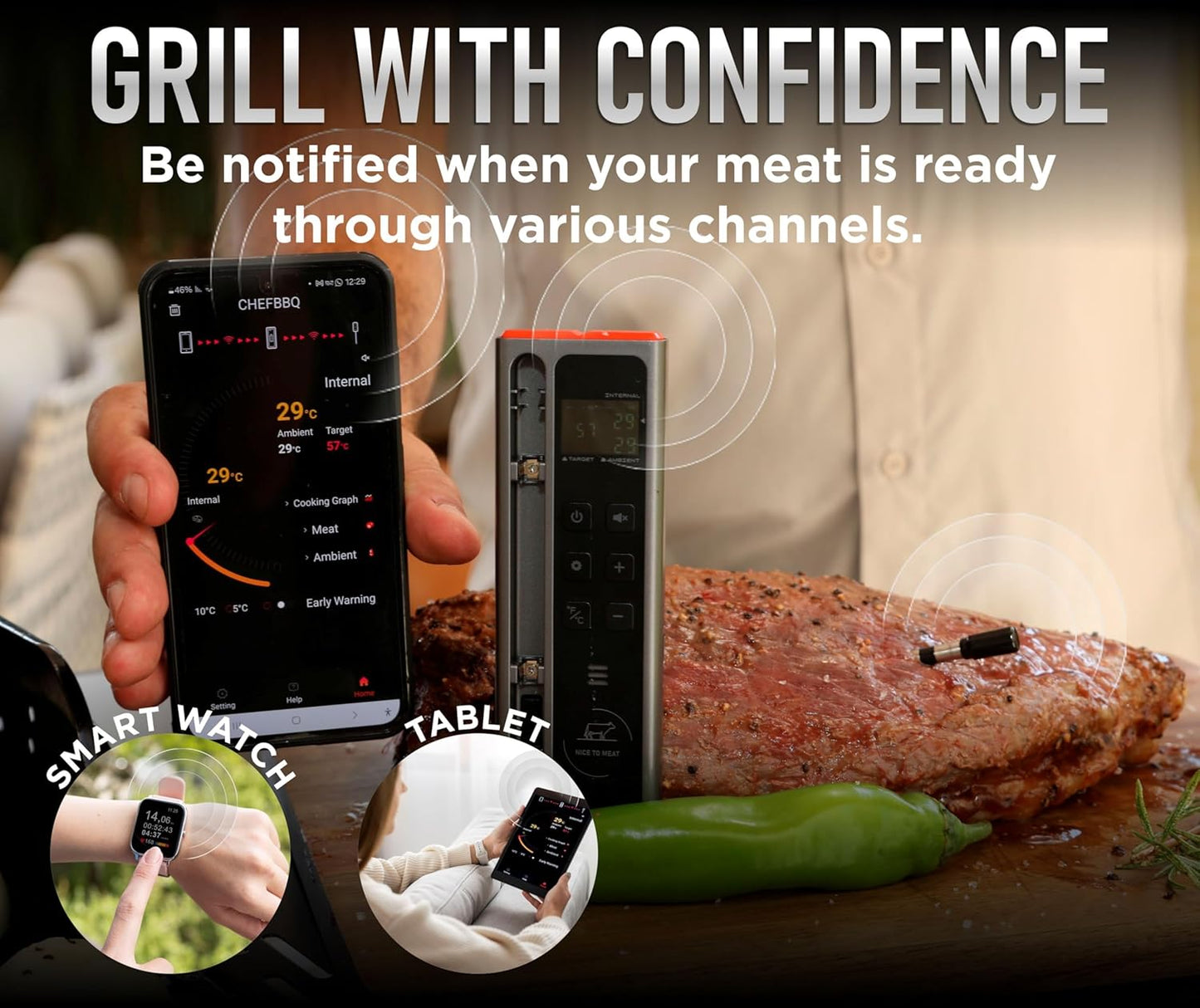 WiFi and Bluetooth Meat Thermometer Digital Wireless BBQ Set - Long Range Connection with Chef Knife, Fork, Meats Temperature Probe,Meat Thermometer Grilling, Smoking Cooking, BBQ Gift for Men