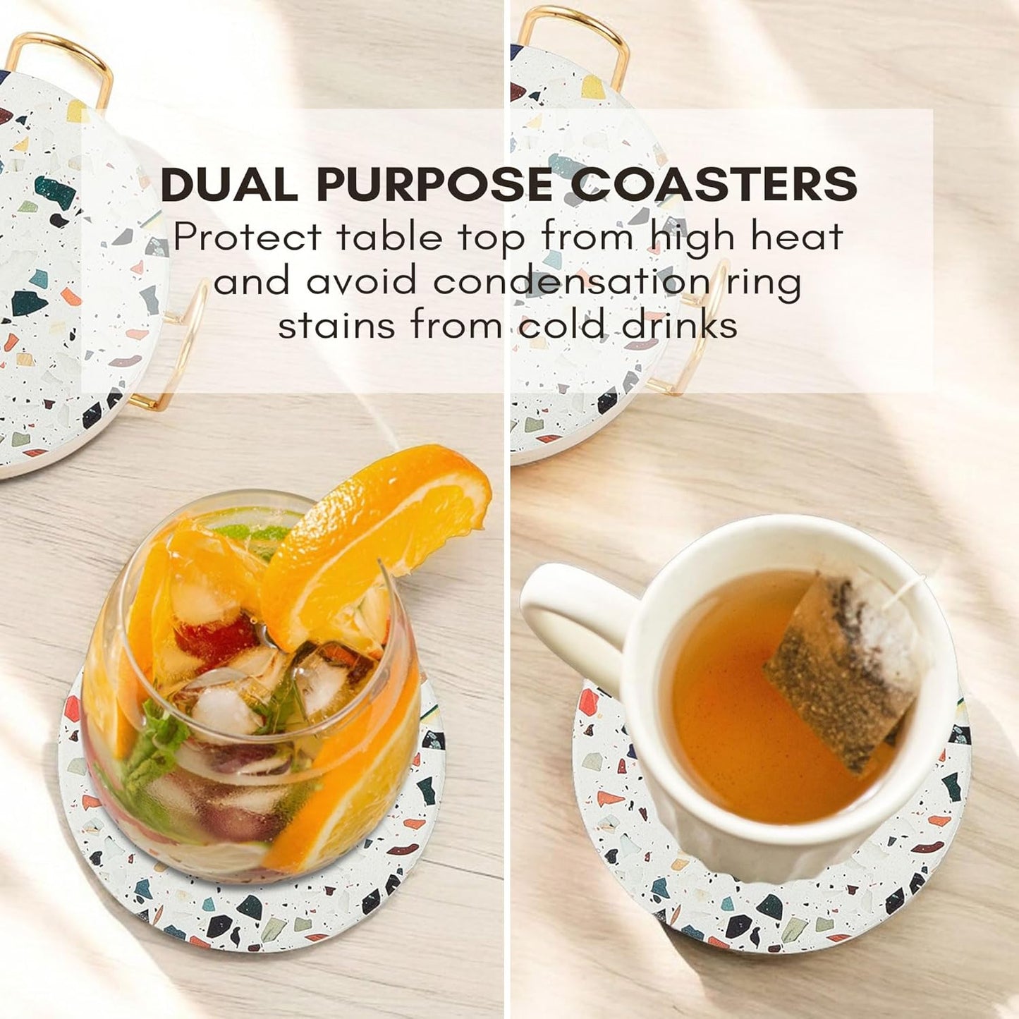 Terrazzo Drink Absorbent Coasters with Holder Set of 6, Ceramic Coaster for Drinks, Coffee Table Decor, Water Absorbing Stone Coaster for Drinks (Mosaic)