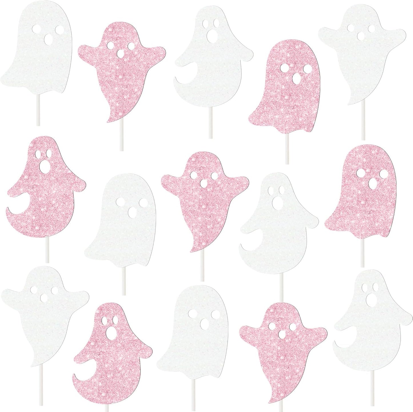 Halloween Ghost Cupcake Decoration 24Pcs Ghost Cupcake Toppers Double Sided Glitter White Pink Halloween Birthday Baby Shower Supplies for Ghost Boo Theme Party Cake Decor