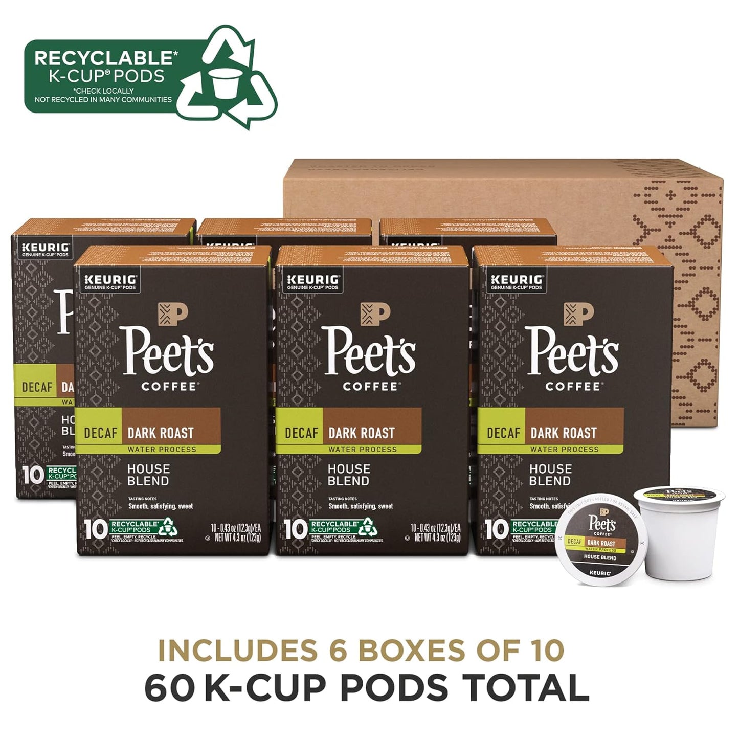 Peet's Coffee, Dark Roast Decaf Keurig K-Cup Pods - Decaf House Blend 60 Count (6 Boxes of 10 K-Cup Pods)
