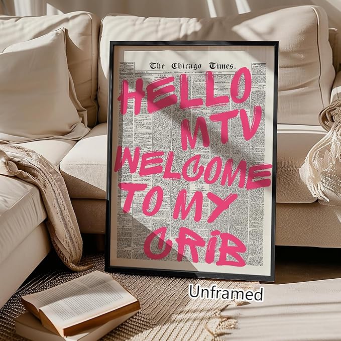Enlaizhude Pink Hello MTV Welcome To My Crib Quote Poster, Vintage Black White - Image 6