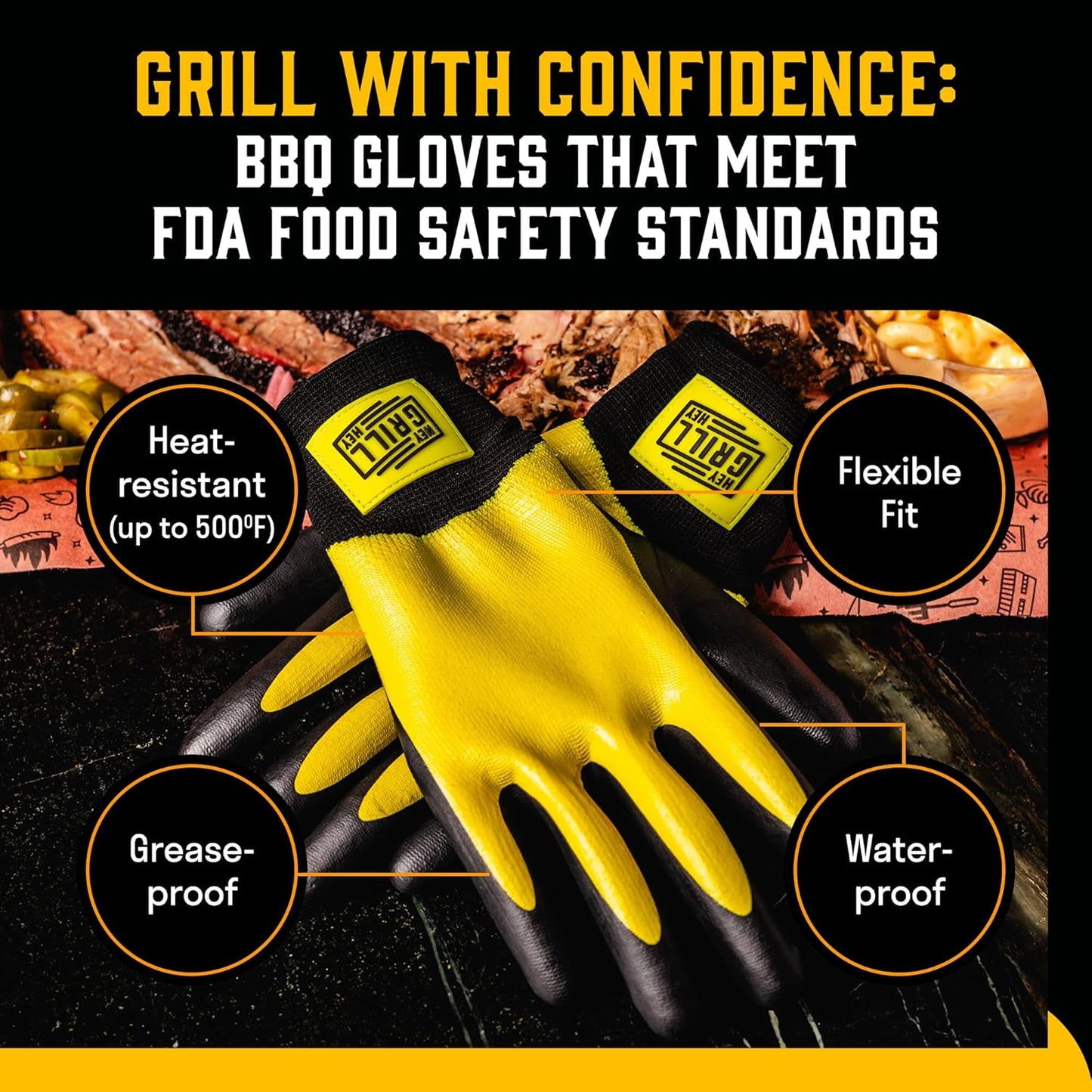 Hey Grill Hey Pitmaster Gloves | BBQ Gloves | Heat Protection up to 500°F or 260°C | High Temp Resistance | Fireproof Glove for Grilling Smoking Barbecue | Washable Mitts | Waterproof | Size - Small