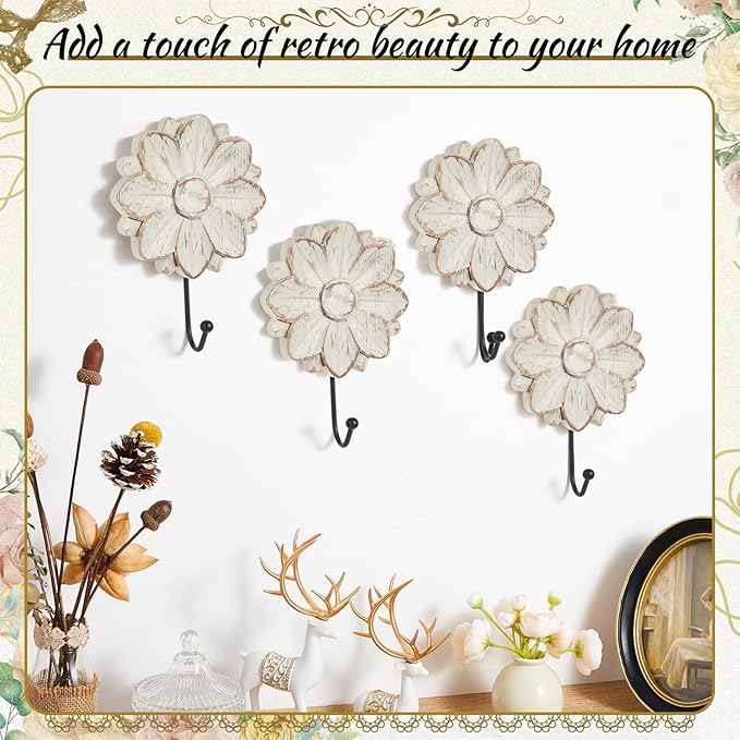Weysat 4 Pcs Vintage Hooks for Wall Wood Farmhouse Towel Hooks Shabby Chic Wall - Image 6