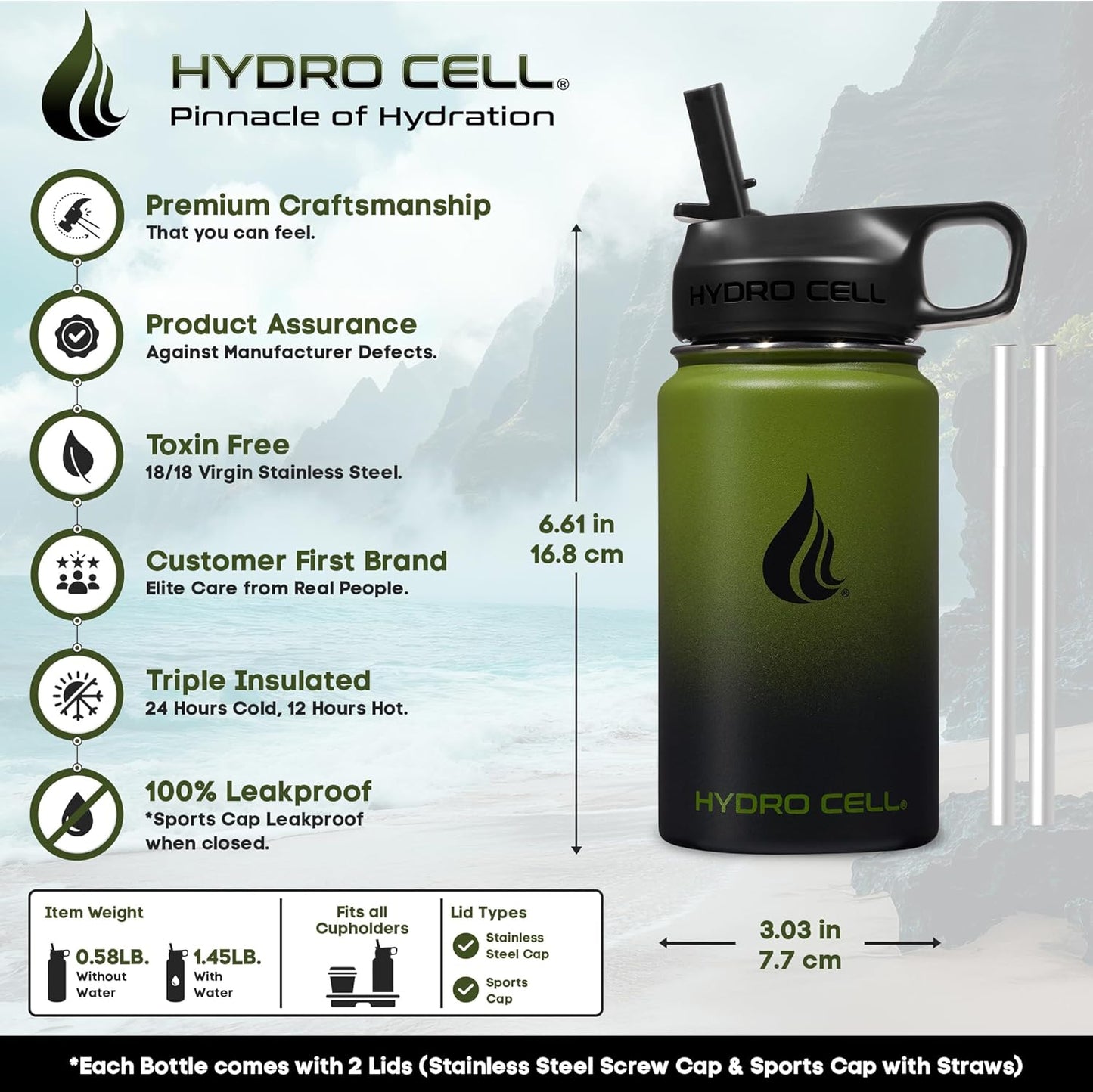 HYDRO CELL Stainless Steel Insulated Water Bottle with Straw - For Cold & Hot Drinks - Metal Vacuum Flask with Screw Cap and Modern Leakproof Sport Thermos for Adults (Army/Black 14oz)