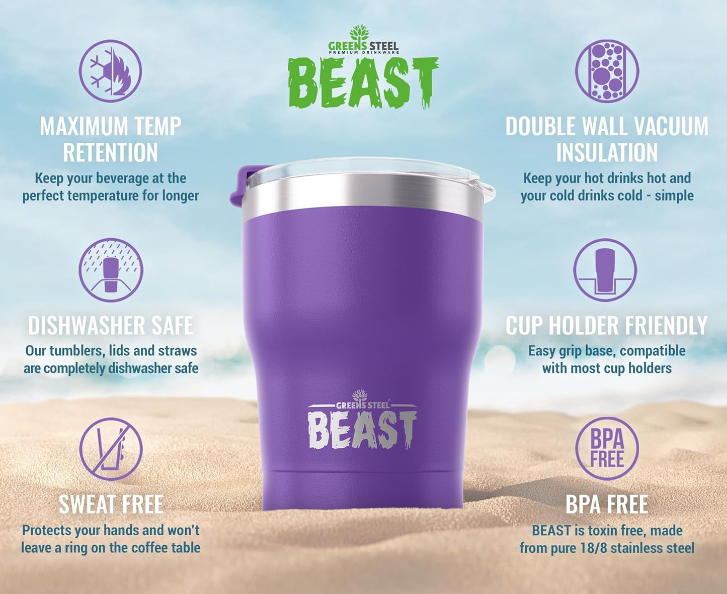 Beast 10 oz Tumbler Stainless Steel Vacuum Insulated Coffee Ice Cup Double Wall Travel Flask (Purple)