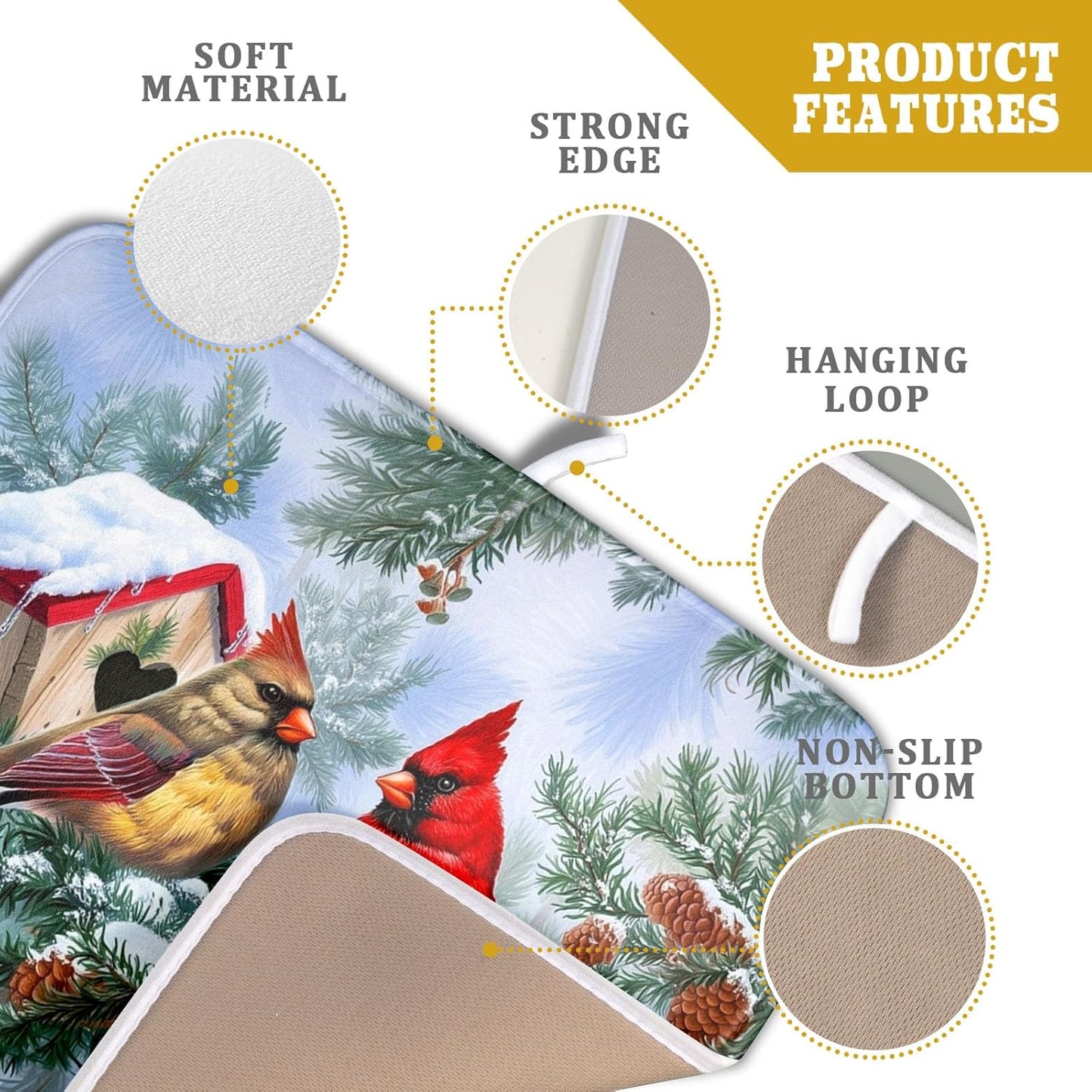 Winter Red Cardinal Bird Dish Drying Mat for Kitchen Counter,Holly Berry Branches Xmas Snowflake Cabin Drying Mat 16 x 18 Inch with High Absorbent Microfiber Drainer Mat for Coffee Bar