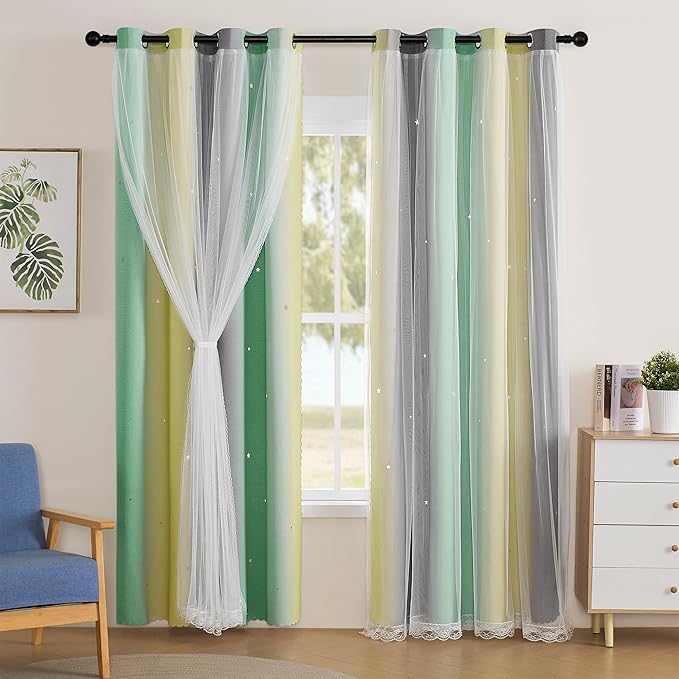XiDi Curtains for Bedroom Decor, Rainbow GreenYellowGrey52/54/1 - Image 2
