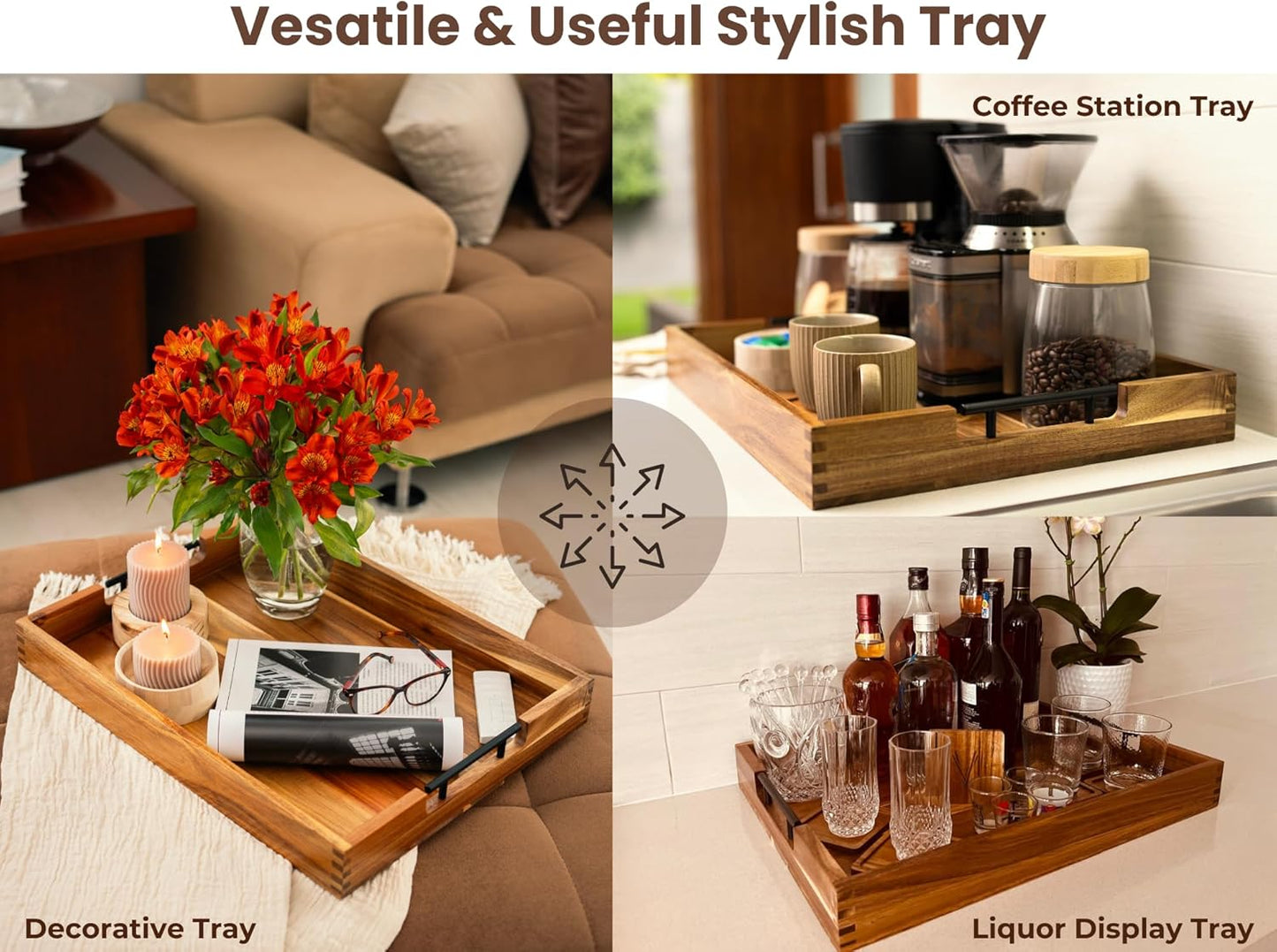 Acacia Wooden Ottoman Tray for Living Room & 6 Coasters Set – 21" Large Coffee Table Serving Tray with Handles, Perfect for Food, Drinks, Kitchen, and Home Decor