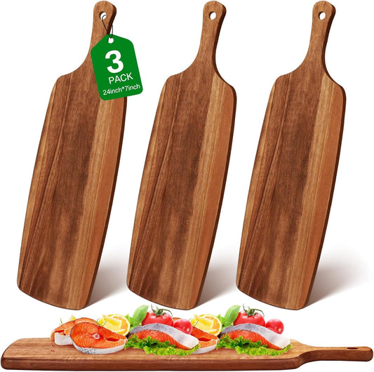 Kathfly 3 Pcs Acacia Wood Cutting Board with Handle Wooden Laser Kitchen Serving Charcuterie Board for Vegetables Meat Pizza Cheese Fruit Bread(24 x 7 Inch)
