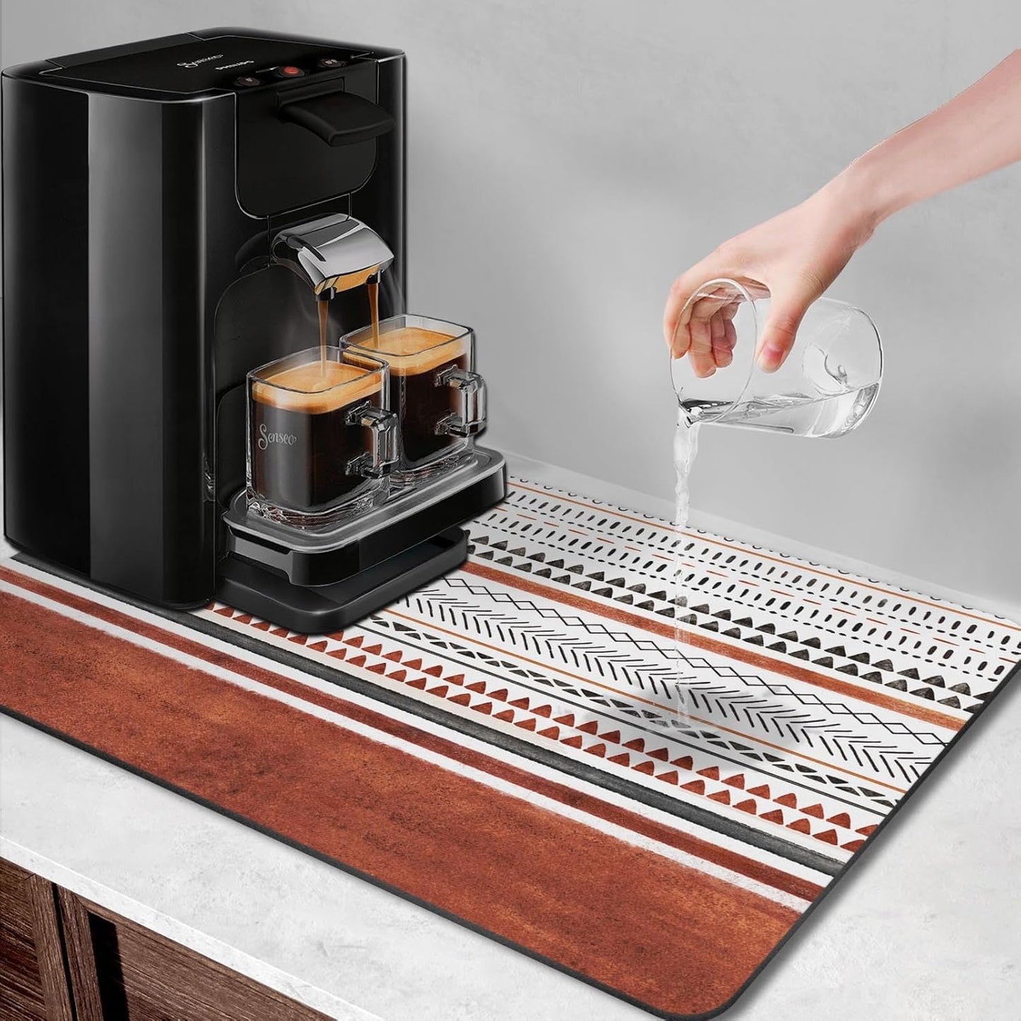 Arttown Coffee Mat for Countertops, Rust Stripes Boho Industrial Art Dish Drying Mat 2 Pcs for Kitchen Bar Accessories, Fit Under Coffee Maker Espresso Machine Dish Rack Hide Stain Rubber 12x19in