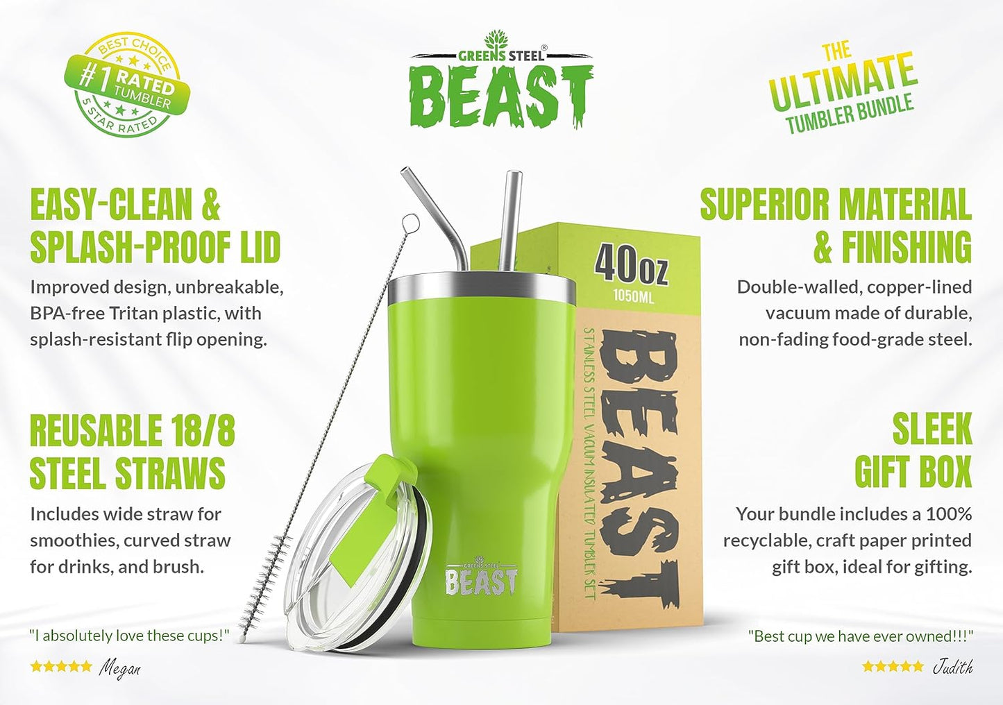 Beast 40 oz Tumbler Stainless Steel Vacuum Insulated Coffee Ice Cup Double Wall Travel Flask (Lemongrass Green)