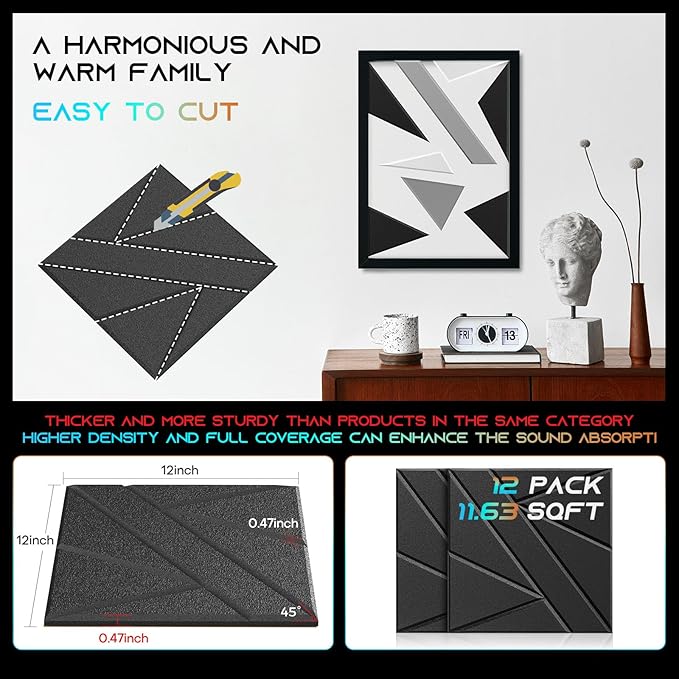 12 Pack Self-Adhesive Soundproof Wall Panels, 1.2lb/ft³ High Density, Thicker - Image 5