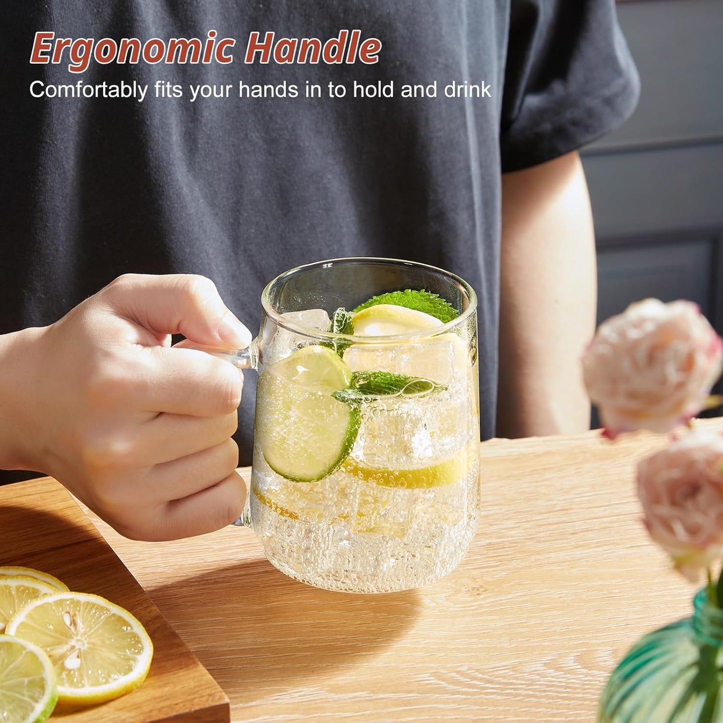 Glass Coffee Mugs, 14 oz Glass Coffee Cups with Acacia Wood Lids, Clear Borosilicate Glass Mugs with Handles for Cappuccino, Tea, Latte, Hot/Cold Beverages, Wine, Americano, Set of 2