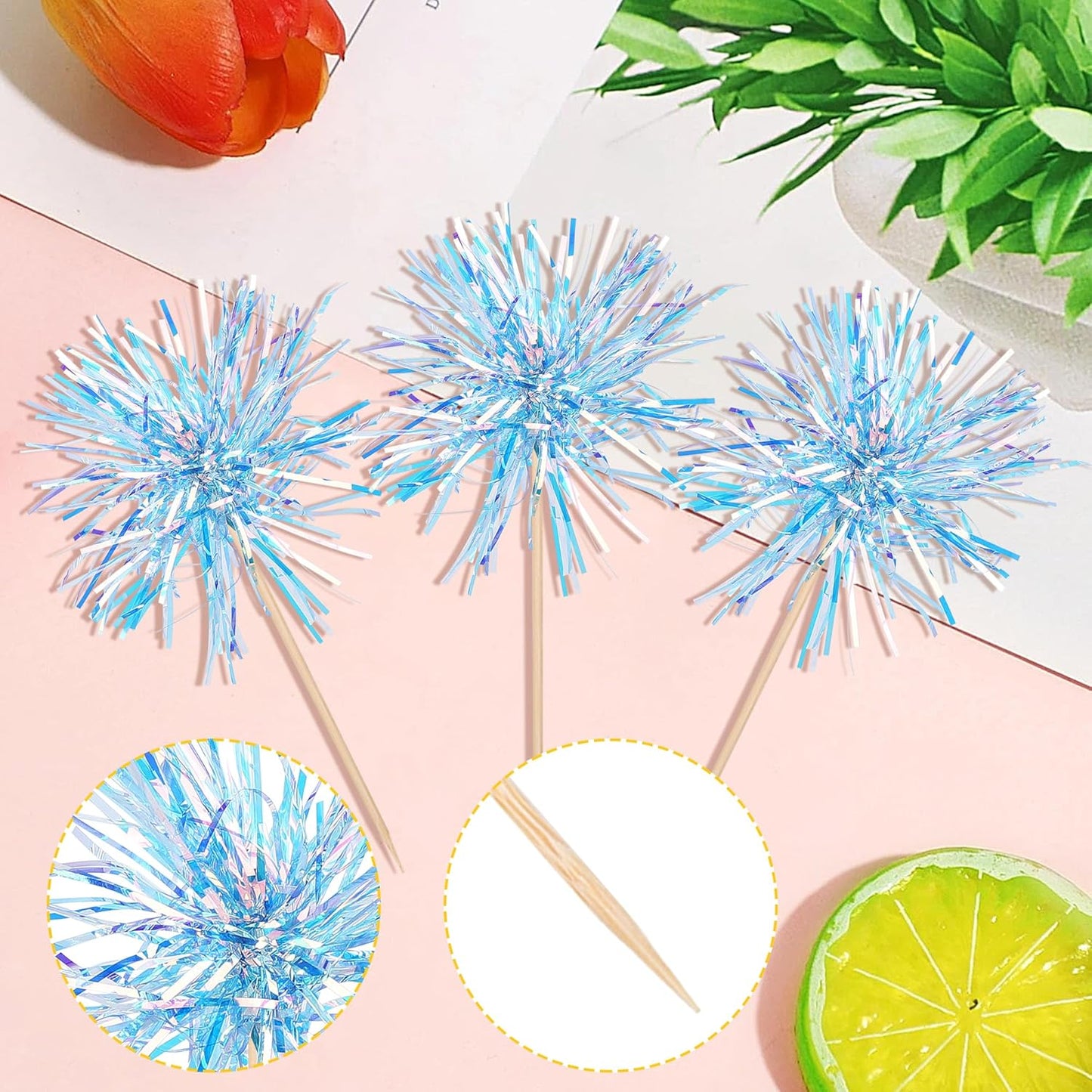 30 PCS Foil Firework Cupcake Toppers Happy Birthday Cupcake Toppers Sparkle Tinsel Flower Drink Stirrers Cocktail Fruit Toothpicks for Valentine's Day Baby Shower Party Cake Decor Supplies Blue