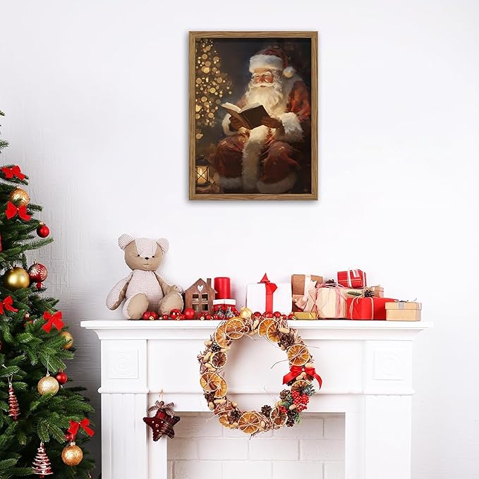 Framed Santa Christmas Wall Art, Vintage Santa Claus Reading Canvas Paintings - Image 6