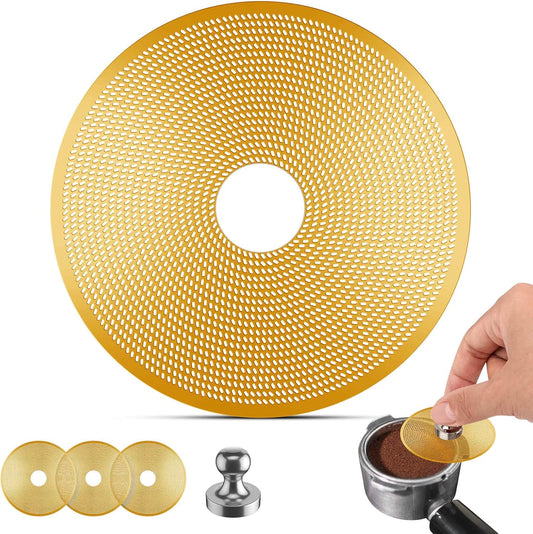 3 Pcs 58mm Espresso Puck Screen with Round Hole in the Middle - 0.2mm Ultra Thin Espresso Puck, Stainless Steel Reusable Coffee Filter, Suitable for La Marzocco/Gaggia (Golden)