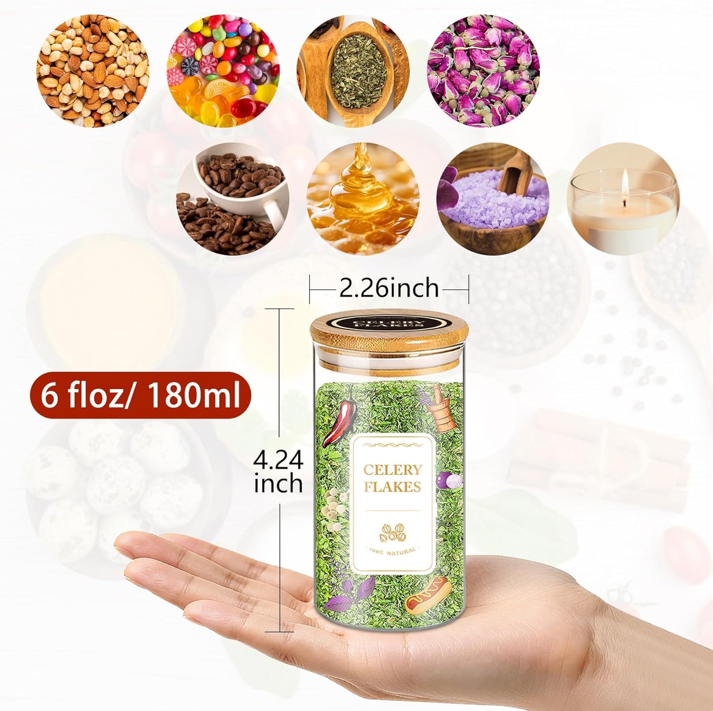 Spice Jars with Labels, 30Pcs 6oz Glass Spice Jars with Bamboo Lids, Minimalist Stackable Airtight Spice Containers with 426 labels for Kitchen Seasoning, Tea, Herbs, Coffee, Sugar,Shells