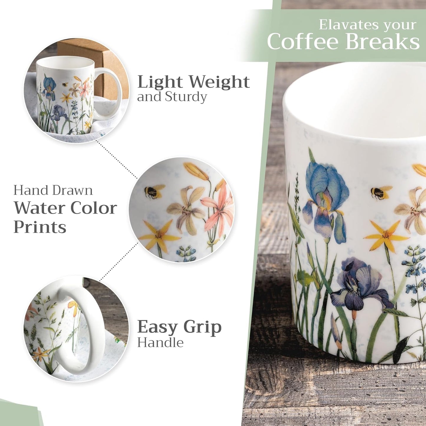 Maison d' Hermine Coffee Mug with Handles Fine Bone China Mugs Pack of One Tea Cups for Hot Beverages Cappuccino Latte Home Restaurant Office Perfect for Gift (Fleurs De Mai - Floral, 15 Ounce)