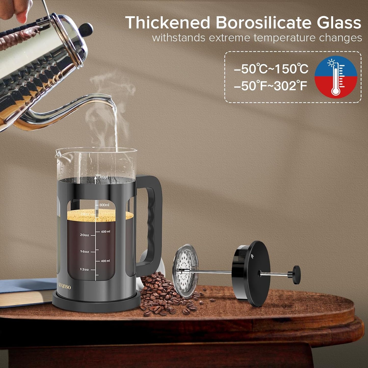 QUQIYSO French Press Coffee Maker 34oz 304 Stainless Steel French Press with 4 Filter, Heat Resistant Durable, Easy to Clean, Borosilicate Glass Coffee Press, 100% BPA Free Glass Teapot, Dark Pewter