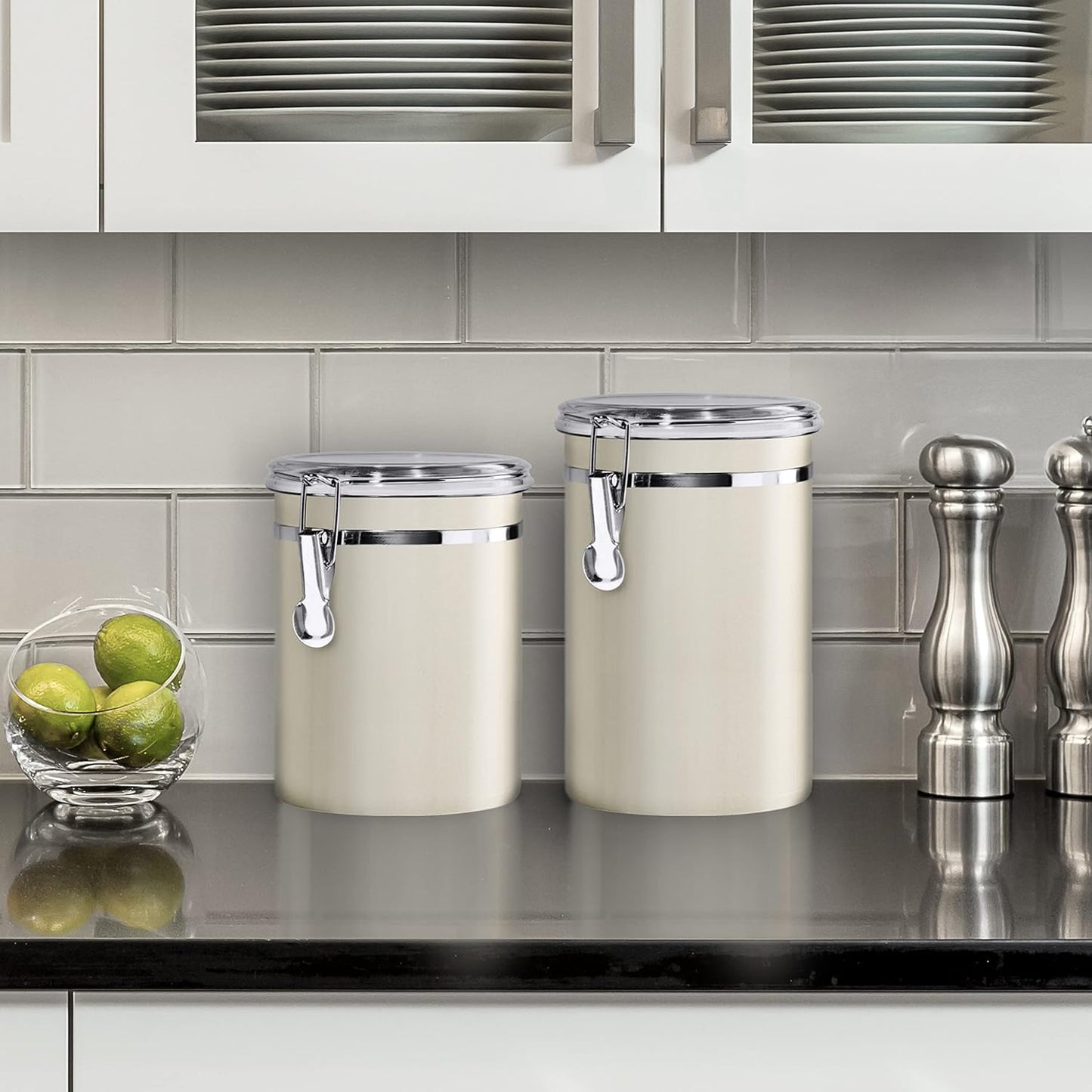 Oggi Stainless Steel Kitchen Canister 26 fl oz, Gray - Airtight Clamp Lid, Clear See-Thru Top - Ideal for Kitchen Storage, Food Storage, Pantry Storage. Size 5" x 3.5".