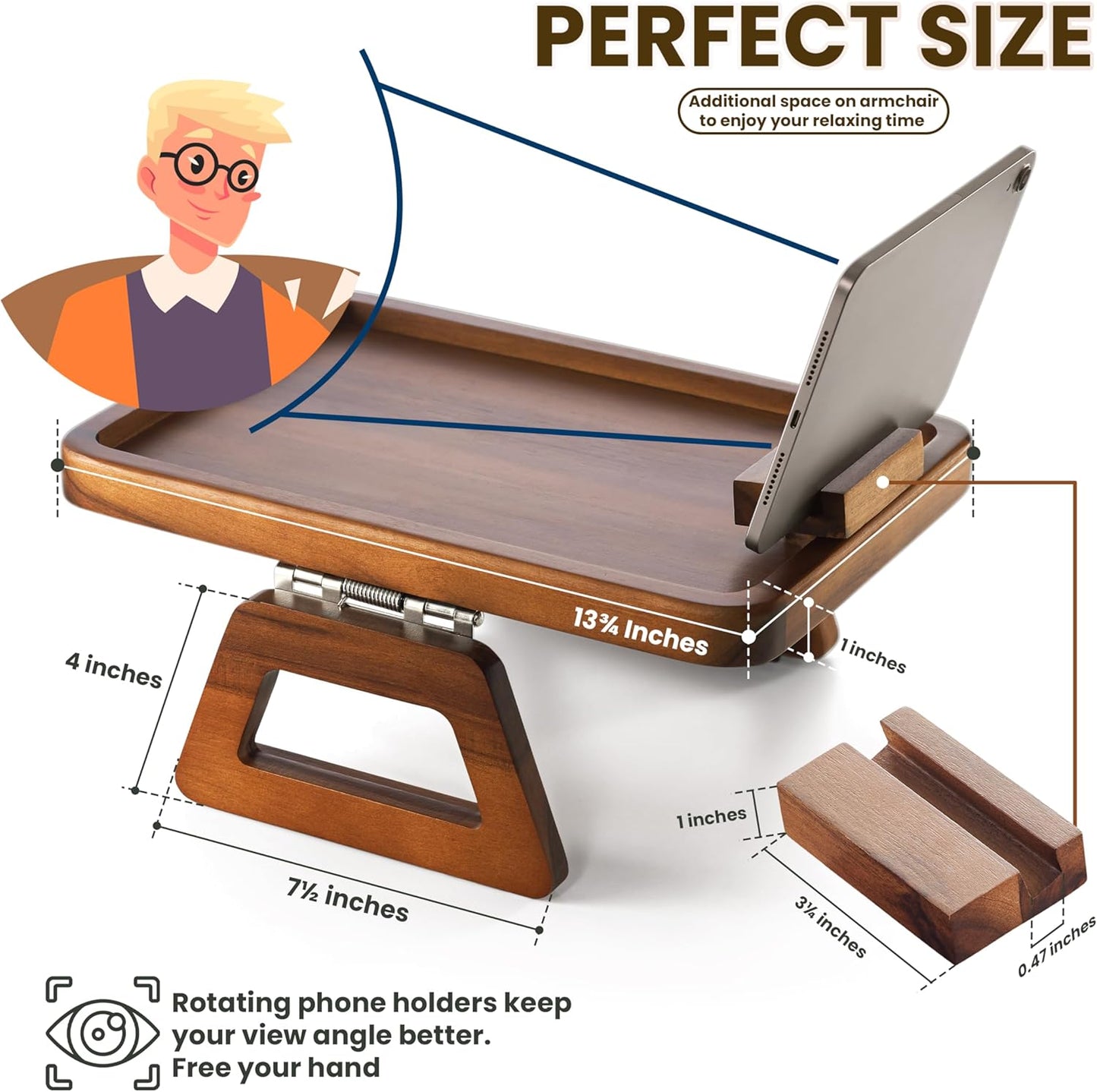 Tinamo Acacia Wood Sofa Armrest Tray with Phone Holder - Large Sofa Arm Tray Table Clip - Couch Arm Table for Wide Couches - Wooden Side Tables for Small Spaces for Eating and Drink(13.8" x 9.5" x 1")