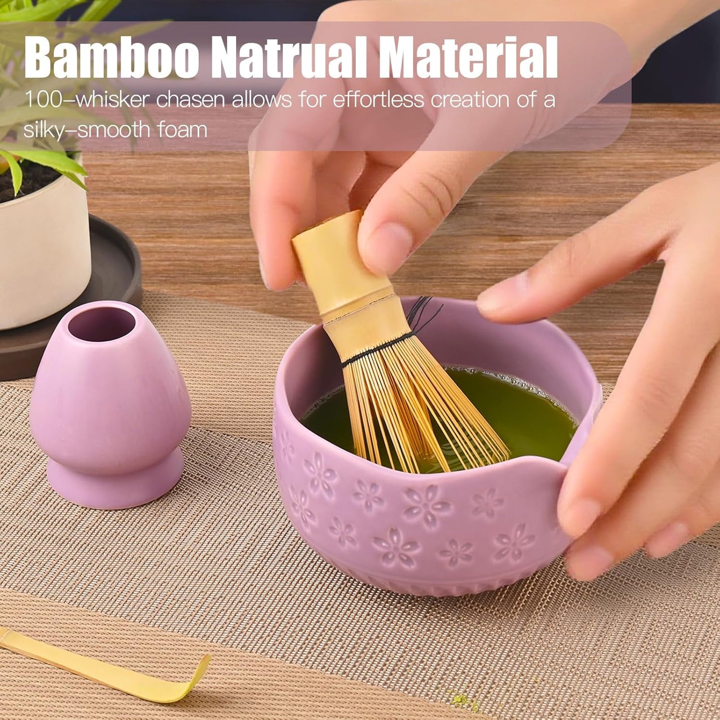 Matcha Whisk Set - Traditional Japanese Handmade Bamboo Matcha Whisk and Holder, Matcha Bowl,Bamboo Scoop, Scoop Rest, Sifter and Tea Towel (Purple)