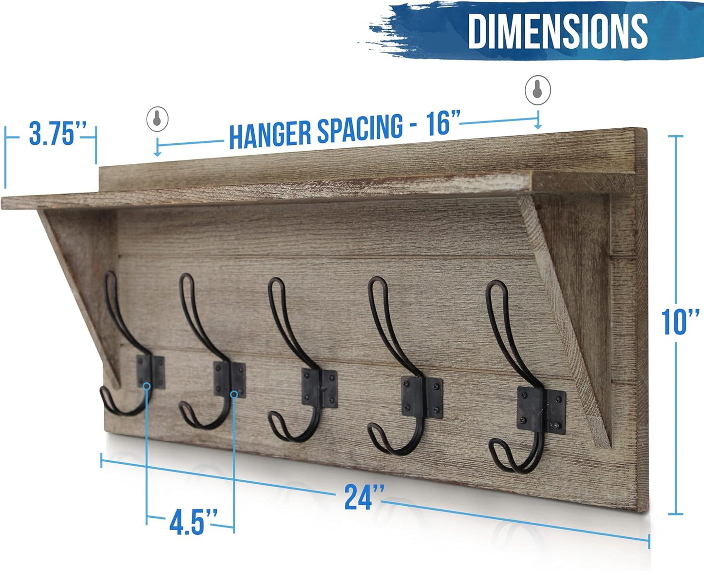HBCY Creations Rustic Wall Mounted Coat Rack with Shelf - Solid Wood 24" Entryway Shelf with 5 Coat Hangers. Perfect Touch for Your Entryway, Mudroom, Kitchen, Bathroom and More, Weathered Brown