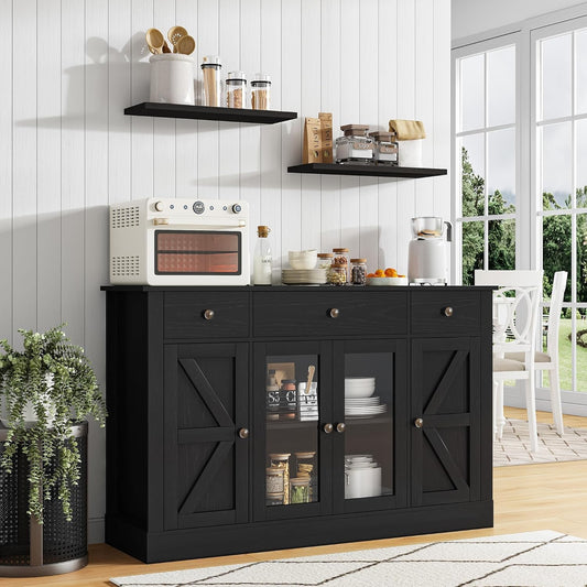 4 EVER WINNER 55" Coffee Bar with 4 Glass Doors and 3 Drawers, Sideboard Buffet Cabinet with Storage, Farmhouse Coffee Bar Cabinet with Adjustable Shelves for Kitchen, Dining Room, Black