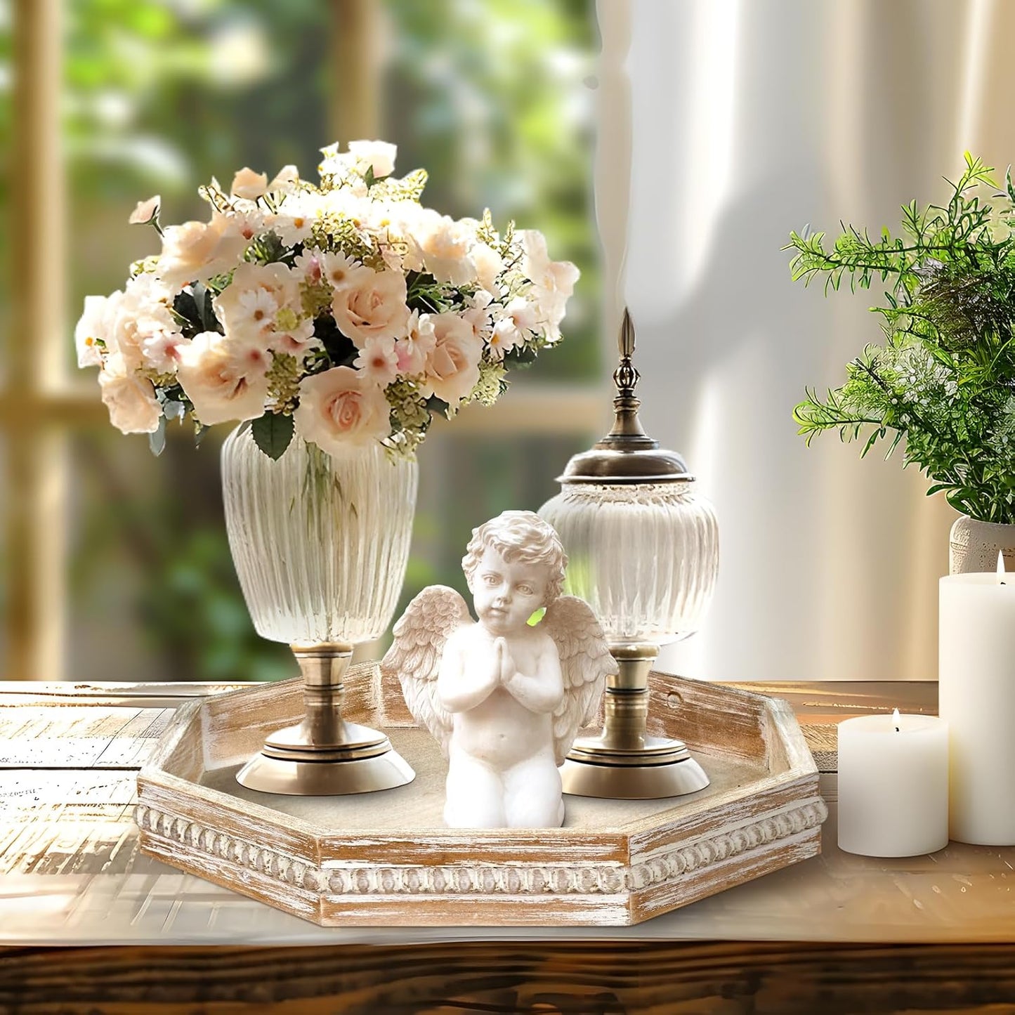 Wooden Decorative Tray, Small Serving Tray with Wood Bead, Farmhouse Big Tray for Ottoman, Countertop, Coffee Tabl, 13" x 13"x 1.6" (White Washed)