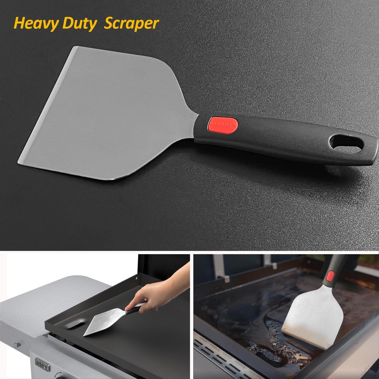 Vovoly Wide Griddle Scraper, 4.3“x4.3'' Smashed Burger Scraper Grill Scraper Spatula Burger Turner - Full Tang Silicon Handle Professional Grade Grill Accessories, Knife Grade Stainless Steel