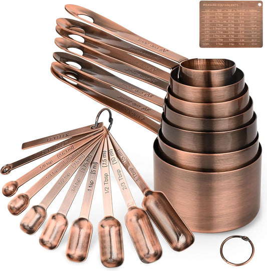 Copper Plated Measuring Cups and Spoons Set, Stainless Steel Measuring Cups and Spoons Set, 7 Kitchen Measure Cup, 9 Spice Measure Spoons, US&Metric Measuring Tools for Baking