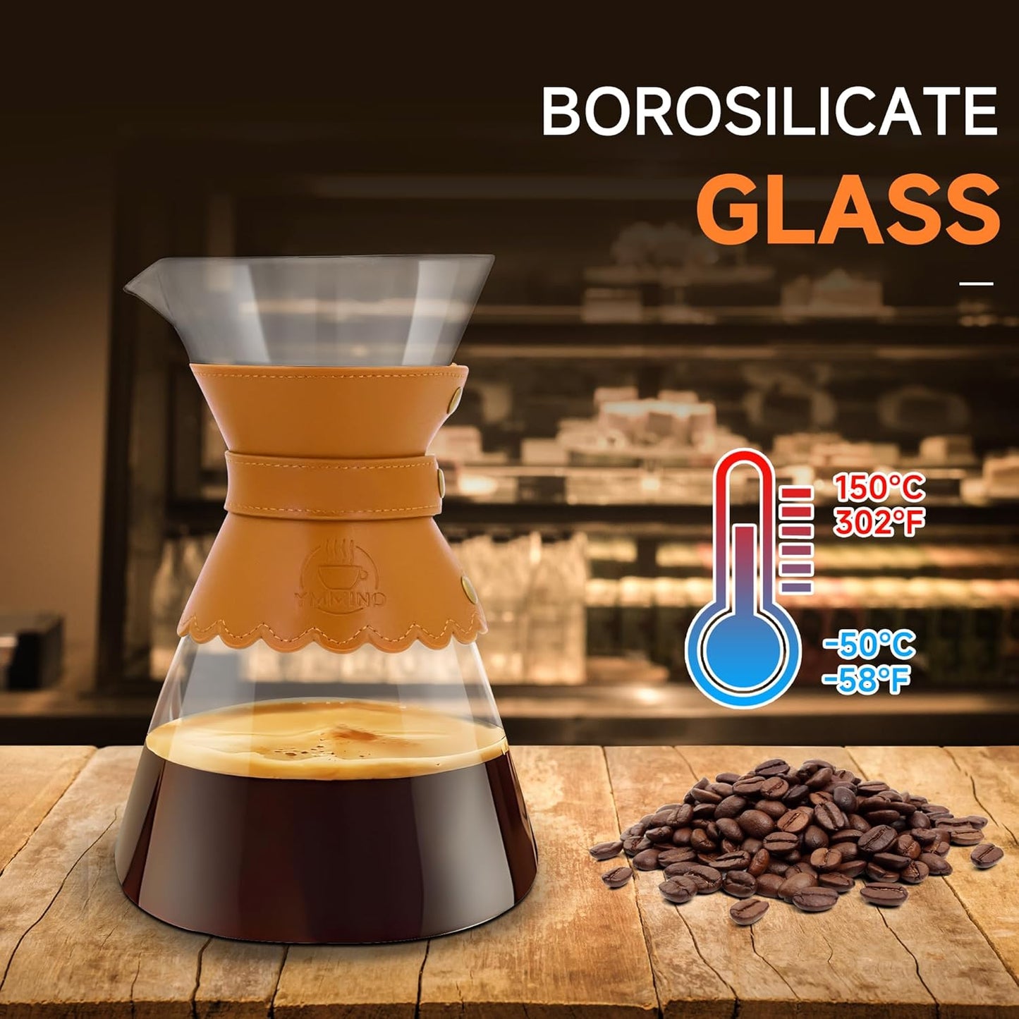 34oz Pour Over Coffee Maker with Double Layer Stainless Steel Filter, Borosilicate Glass Dripper, Detachable Heat-Resistant Leather Pad 7-8 Cups Coffee Maker Carafe（Light brown）