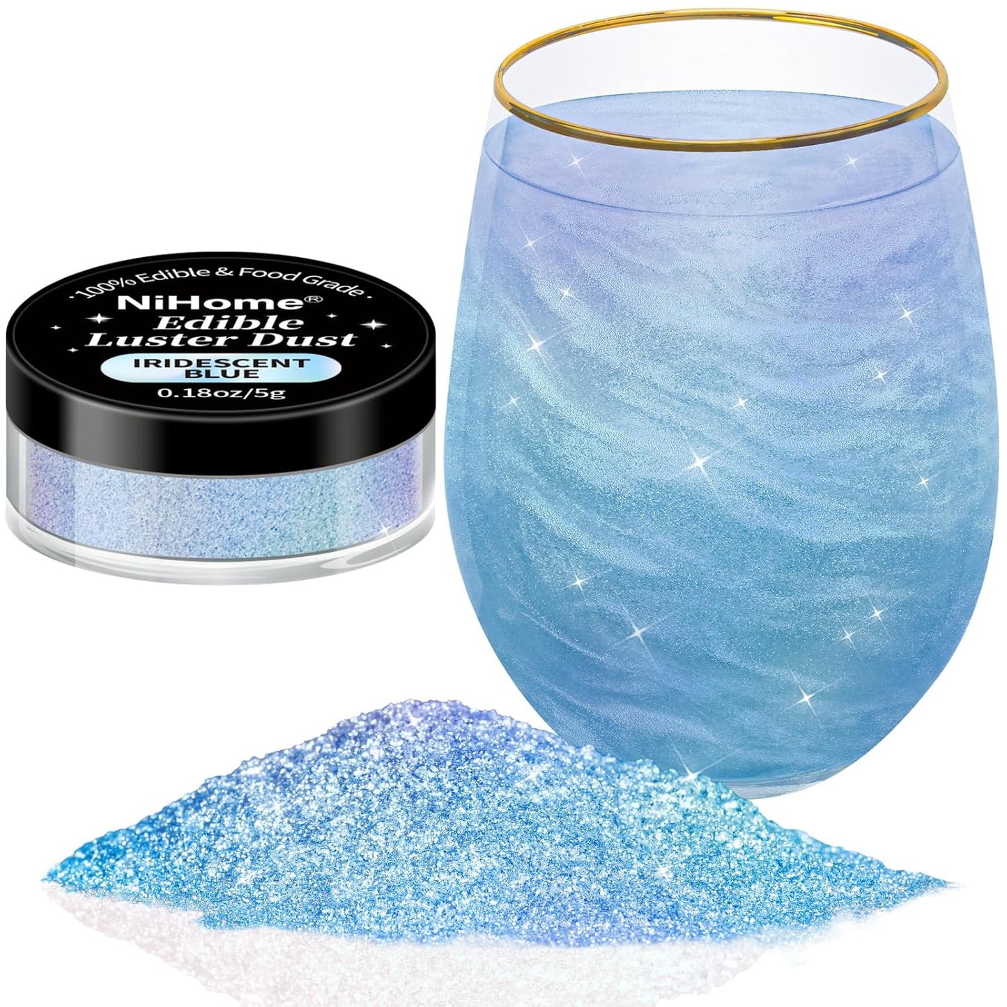 NiHome 0.18oz/5g Edible Food-Grade Glimmer Powder Glitter Luster Dust Metallic Food Decorating Sprinkle Dust for Drink Wine Beverage Cake Candy Dessert Bakery Restaurant Vegan (Iridescent Blue)