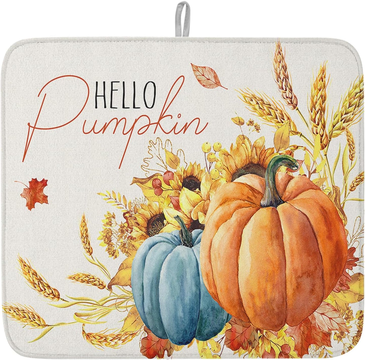 Fall Dish Drying Mat for Kitchen Counter Hello Pumpkin Drying Pad Absorbent Drying Mats for Countertops Sinks Draining Racks Sunflower Ears of Wheat Drainer Holiday Harvest Thanksgiving Decor 16x18
