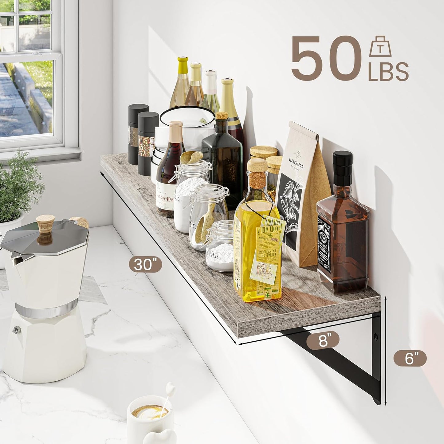 Dreamland Deep Floating Shelves for Wall, 30W x 8D Wall Shelves, Set of 2, 30 inch Floating Shelf with Sturdy Metal Brackets for Living Room, Bathroom, Bedroom and Kitchen, Grey