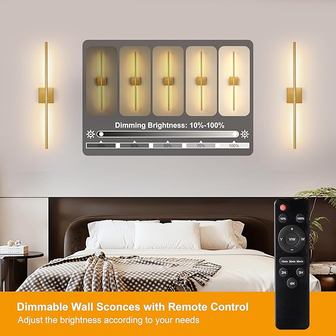 Morauroral 30″ Gold Battery Operated Wall Sconces Set of 2, Dimmable Wall - Image 2