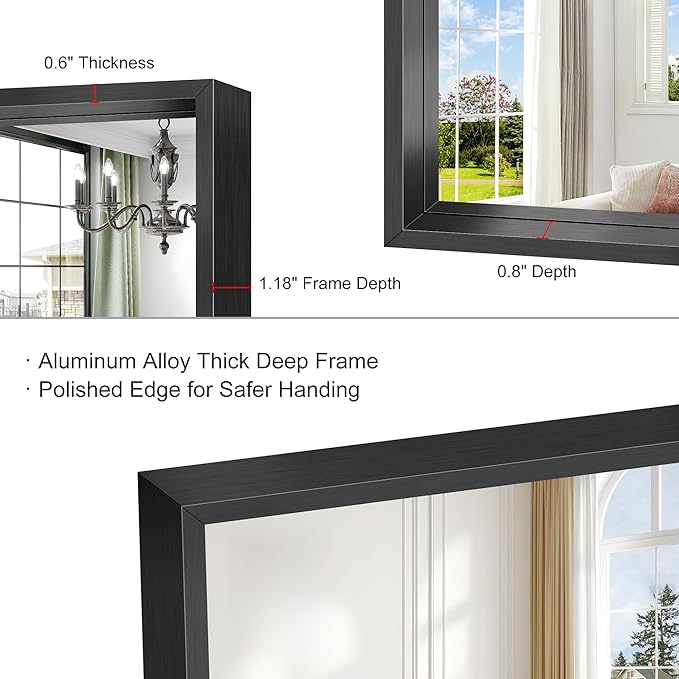 Bathroom Mirror, 42 x 36 Inch Brushed Black Rectangle Mirror, 0.6" Thickened - Image 6