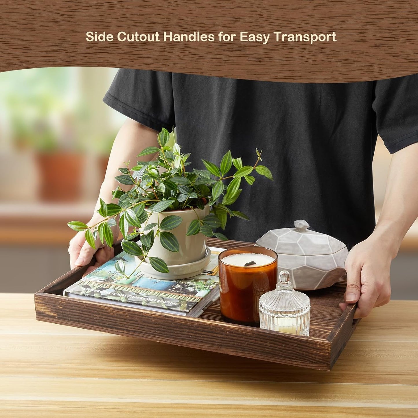 17 Inch Burnt Wood Serving Tray with Handles, Large Wooden Tray for Ottoman, Breakfast in Bed, Coffee Table, Dinner, Rectangular Tray for Living Room Bedroom Entryway and Kitchen