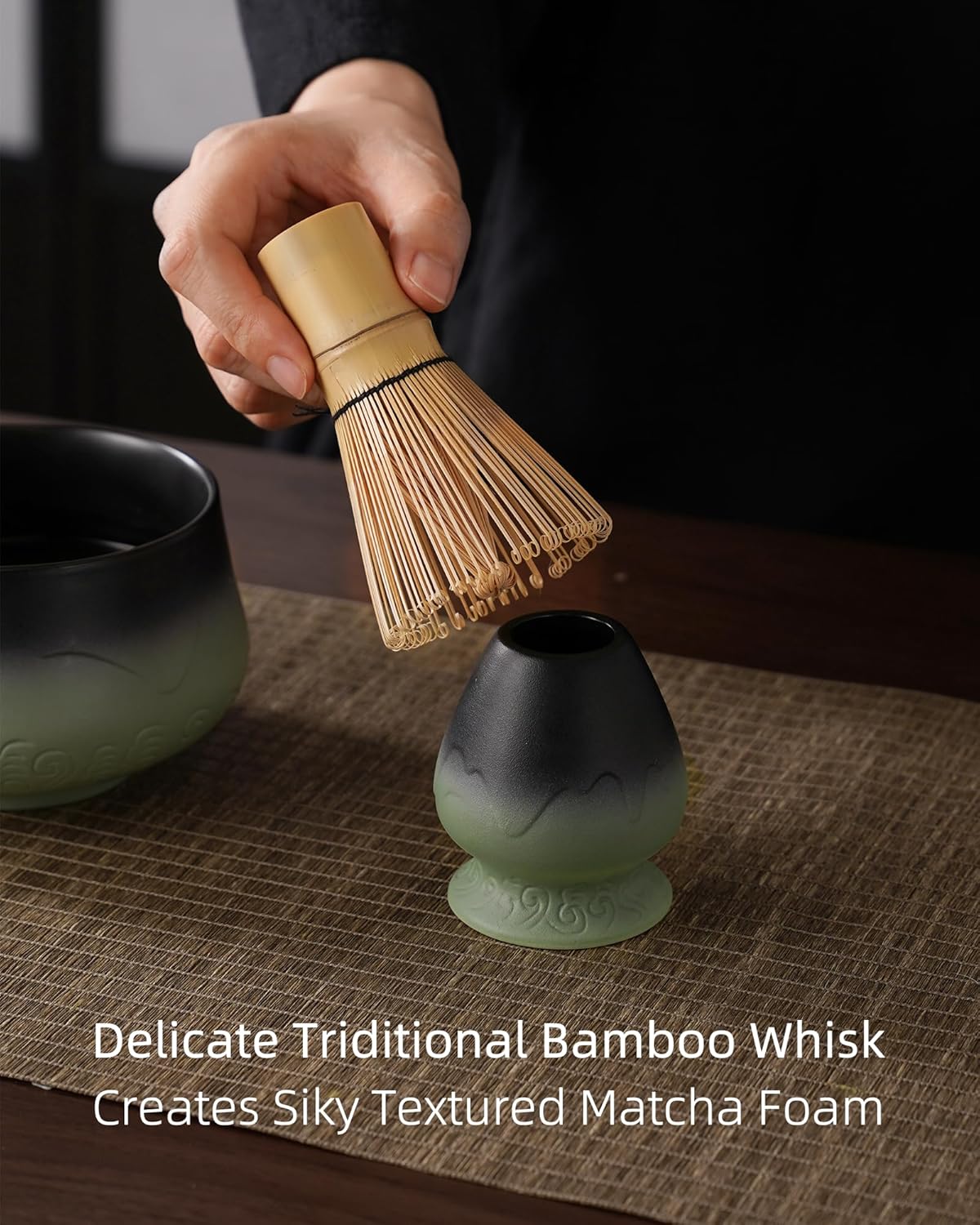 ZENS Matcha Whisk Set, 7pcs Matcha Kit Set with Ceramic Bowl and Matcha Cup, Bamboo Whisk & (Chasen Holder) Sifter, Scoop -Tea Towel, Japanese Chawan for Matcha-Making, Sage Green