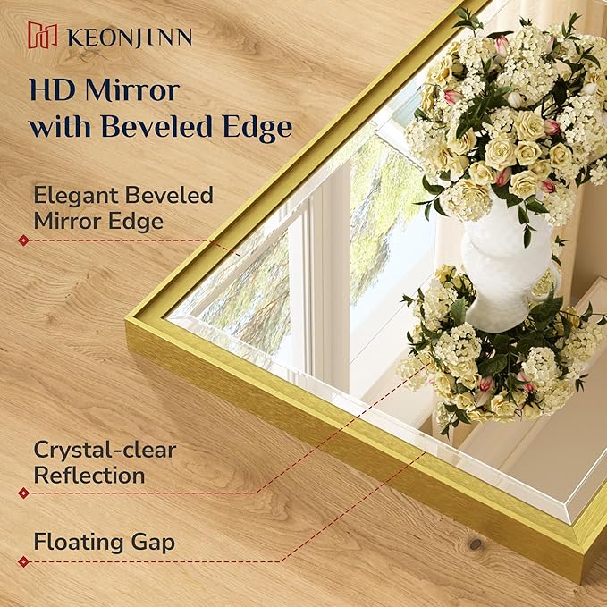Keonjinn 55" x 30" Gold Bathroom Mirror, Brushed Gold Metal Framed Mirrors - Image 3