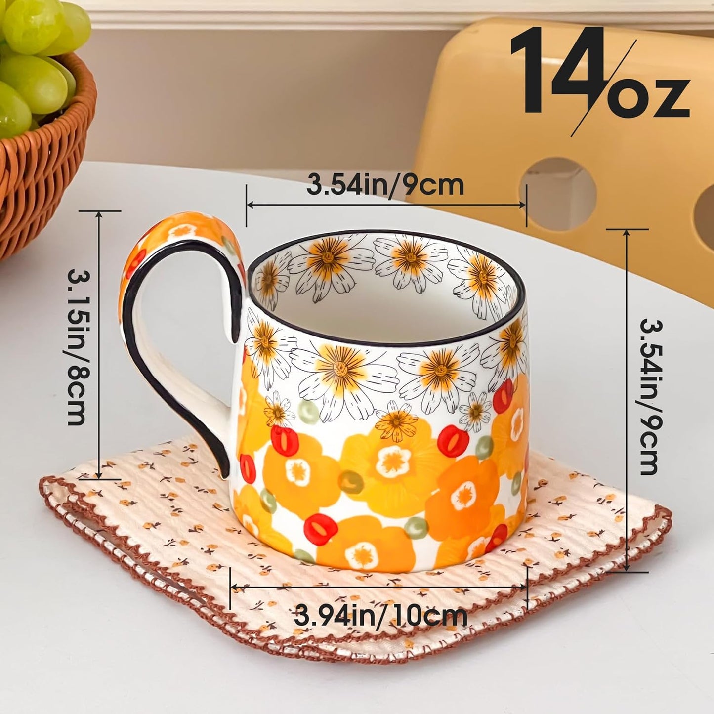 Ceramic Coffee Mug, 12oz Cute Floral Coffee Mugs with Large Handle, Orange Flower Design Stoneware Tea Cup for Office and Home