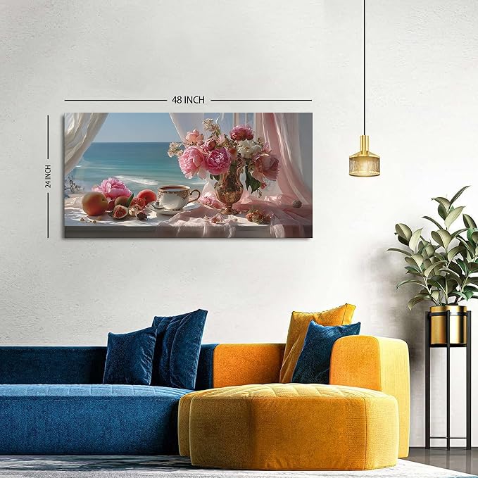 Vintage Pink Flower Wall Art Retro Flowers in Golden Vase Pictures Blue Ocean - Image 2