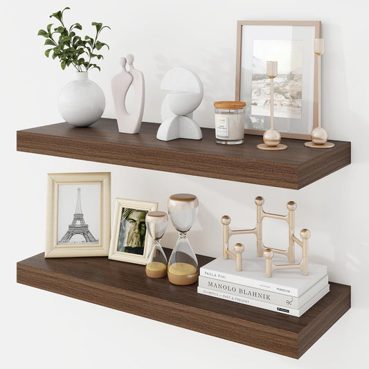 24 Inch Floating Shelves, 9.3" Deep Floating Shelf Wall Mounted, 24" Wall Shelves, Rustic Deep Bookshelf, Large Display Shelves & Storage Shelves for Bedroom, Living Room, Walnut, Set of 2
