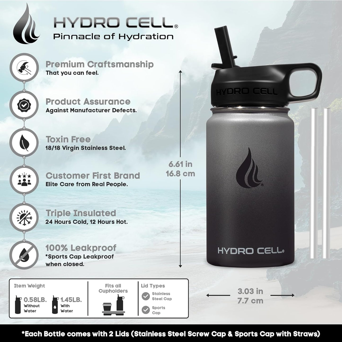 HYDRO CELL Stainless Steel Insulated Water Bottle with Straw - For Cold & Hot Drinks - Metal Vacuum Flask with Screw Cap and Modern Leakproof Sport Thermos for Adults (Graphite/Black 14oz)
