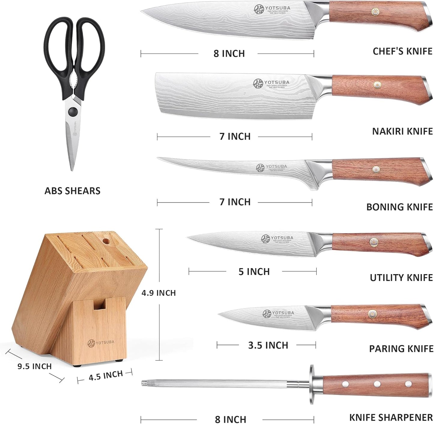 YOTSUBA 8PCS Kitchen Knife Set with Scissors & Sharpener, Ultra Sharp High Carbon Stainless Steel Kitchen Utensils Set with Elegant Rosewood Handle Ergonomic Design, Natural Acacia Block with Gift Box