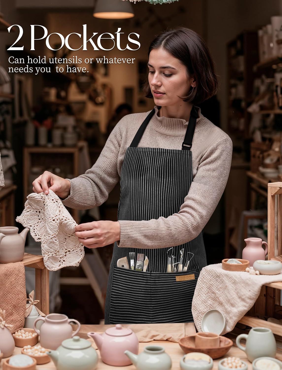 2 Pack Kitchen Cooking Aprons, Soft Aprons for Women Men with 2 Pockets Chef Apron with Adjustable Neck Strap and Long Tie