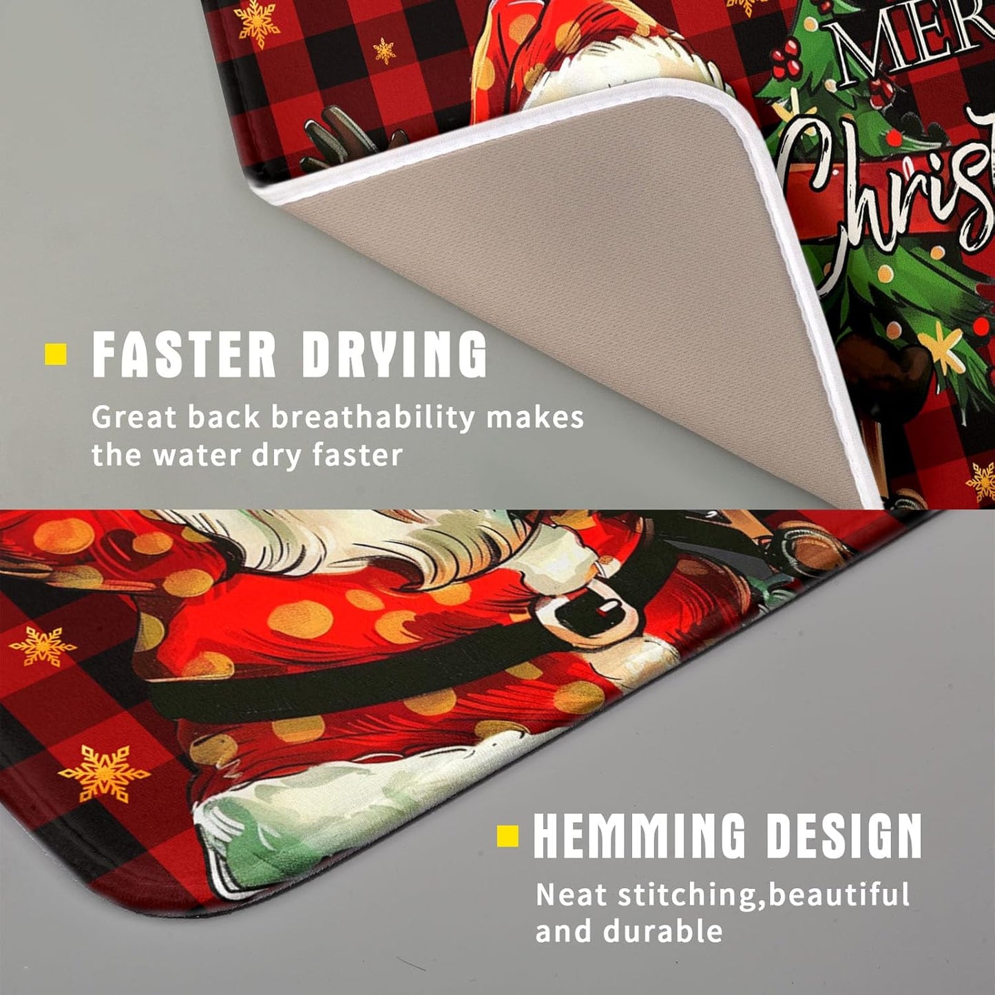 Merry Christmas Santa Claus Red Buffalo Plaid Dish Drying Mat for Kitchen Counter,Winter Snowflake Xmas Tree Drying Mat 16 x 18 Inch with Absorbent Reversible Microfiber Dish Drying Pad for Coffee Bar