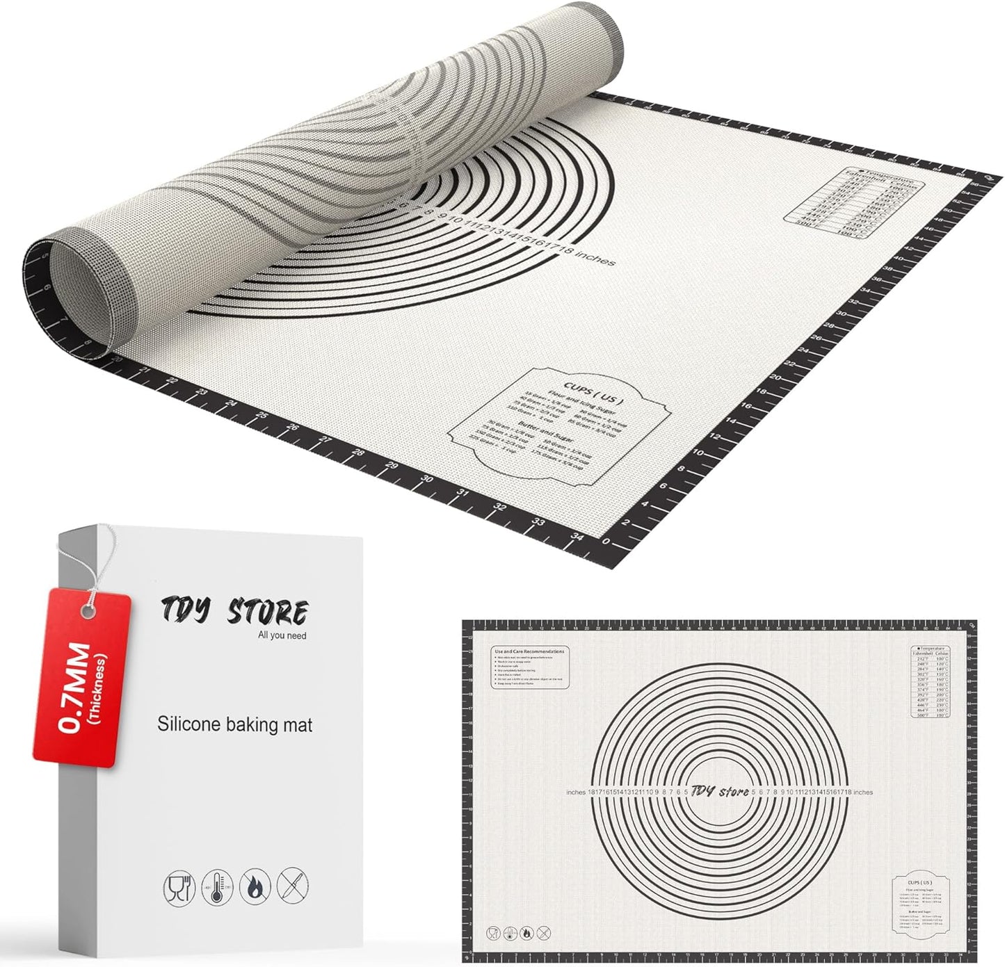 26 * 16 inches Black, Non-Slip Silicone Baking Sheets - Baking Mat with 0.7mm Thickness - Non-Stick Pastry & Cookie Mat for Kitchen Counter for Rolling Out Dough with Measurements.