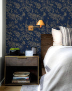 Froluya Dark Blue and Gold Vintage Floral Peel and Stick Wallpaper 17.7"x118.1" - Image 9