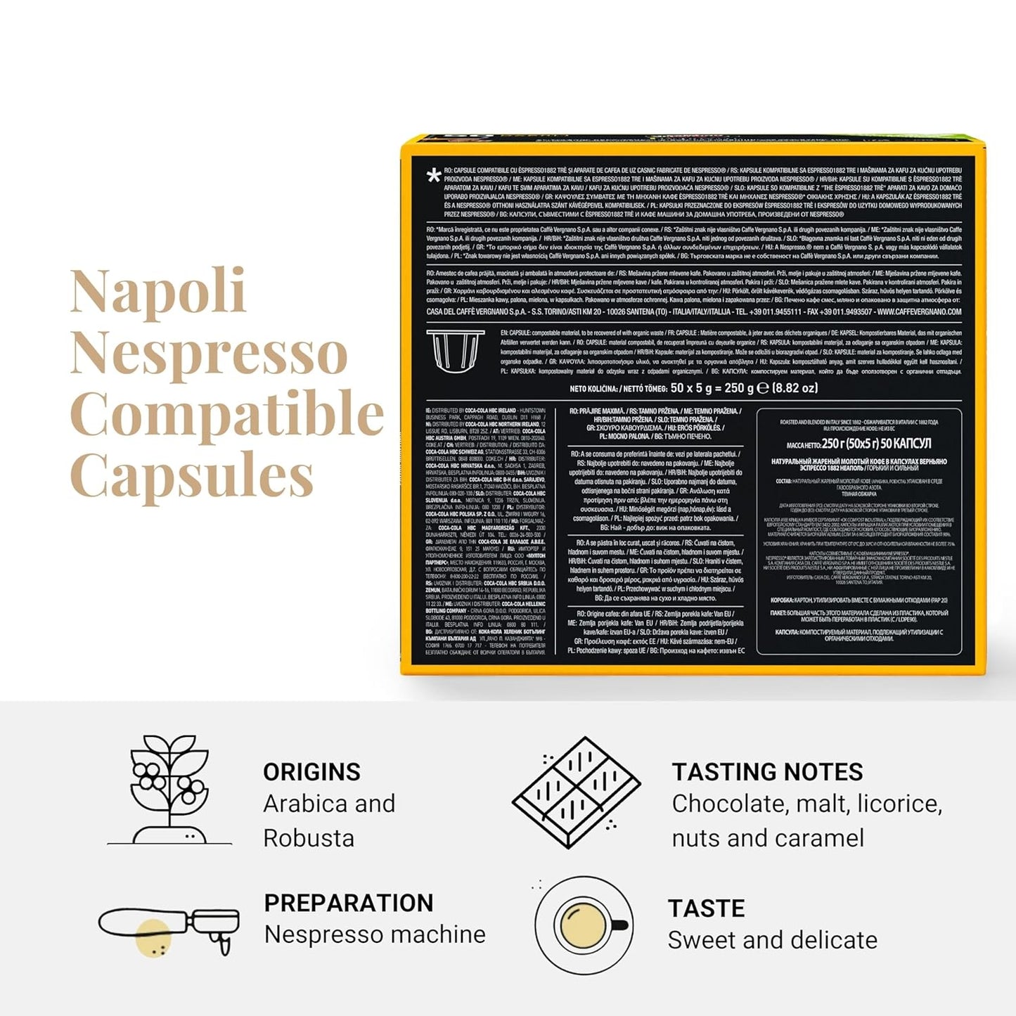 Caffe' Vergnano Medium Roast Espresso Bundle - Original Line Machine Compatible Arabica Robusta Italian Coffee For Nespresso Coffee Machines, Intenso & Napoli - 50 of Each Flavor (100 Capsules)